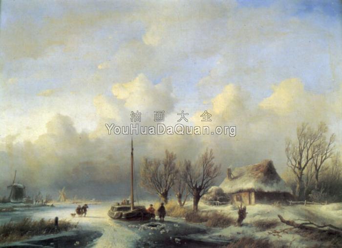 Figures in a winter landscape - 安德列亚斯·Schelfhout